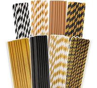 Gcardist Pajitas desechables doradas a rayas doradas para beber 150 unidades en paquete a granel (8 patrones)