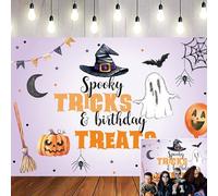 GCIREC 10x6.5ft Púrpura Halloween cumpleaños Fondo Lindo Fantasma Calabaza Red de araña murciélagos Sombrero Bruja Halloween fotografía Fondo niño cumpleaños Fiesta decoración Bandera