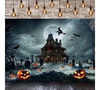 GCIREC 5x3ft Fondo de Halloween Cartel de Decoración de Fiesta de Halloween de Fondo de Fotografía de Linternas de Calabaza Espeluznantes Murciélagos de Cementerio de Castillo Aterrador