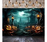 GCIREC 7x5ft Fondo de Halloween Casa Fantasma Castillo Patio Linternas de Calabaza Espeluznantes Fondo de Fotografía de Luna Llena Banner de Decoración de Fiesta de Víspera de Halloween