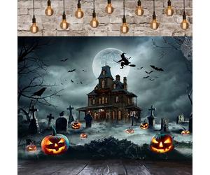 GCIREC 8x6ft Fondo de Halloween Cartel de Decoración de Fiesta de Halloween de Fondo de Fotografía de Linternas de Calabaza Espeluznantes Murciélagos de Cementerio de Castillo Aterrador