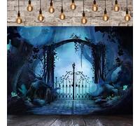 GCIREC 9x6ft Fondo de Halloween Luna Llena Luz de Luna Vintage aterradora Puerta Valla Horrible Cementerio Bosque brumoso fotografía Fondo Halloween víspera Fiesta decoración Bandera