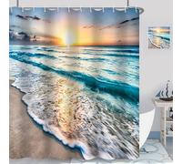 GCIREC Cortina de Ducha, 180x180cm, Cortina de Baño de Tela Impermeable con Tema de Playa y Atardecer en el Océano Tropical para Bañera Decoración del Hogar Lavable a Máquina con Ganchos