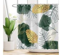GCIREC Cortina de Ducha, 180x200cm, Hoja Tropical Estética Abstracta Boho Chic Verde con Rama Botánica Dorada Cortina de Maño Lavable de la Máquina de Tela Impermeable con Ganchos