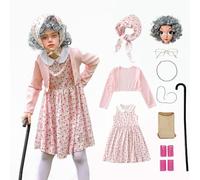 Gcnenwnd - Disfraz de abuela infantil de 100 días escolares, 10 piezas, vestido + falda + bufanda + par de gafas + peluca + collar + red para el pelo + cadena de gafas + bastón con hebillas + pata