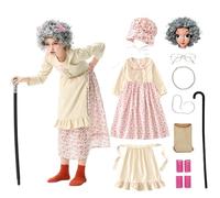 Gcnenwnd - Disfraz de abuela infantil, falda + bufanda + par de gafas + peluca + collar + red para el pelo + cadena de gafas + bastón con hebillas + pata de 10 piezas 100 días de escuela