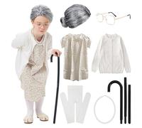Gcnenwnd - Disfraz de abuela para niños de 7 piezas divertido para el día mundial del libro con vestido + falda + ojo + peluca + muleta + calcetín + collar para Halloween y Carnaval