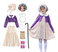 Gcnenwnd - Disfraz de anciana infantil de 10 piezas, vestido + falda + pañuelo + par de gafas + peluca + collar + red para el pelo + cadena de gafas + bastón con hebillas + pata de 100 días de escuela