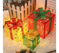 Gcroet 3 unids/Set Cajas de Regalo iluminadas de Navidad LED Blanco cálido Decoraciones navideñas Caja Colorida Funciona con Pilas para Vacaciones, Interior, Patio, hogar, decoración de césped