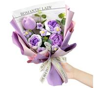 Gcroet Bouquet de Flores de Crochet, Flores de Punto púrpura de 16x14 Pulgadas con una Envoltura Ramo de Crochet Artificial para el Aniversario de cumpleaños del día de San Valent