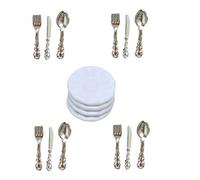 Gcroet Juego de Platos en Miniatura para casa de muñecas, Mini Plato de Porcelana con rebanador, Tenedores, cucharas, Accesorios para casa de muñecas, Color Plateado..