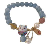 Gcroet Pulsera de buena suerte para mujer, joyería de gato azul con dije de Feng Shui, pulsera de gato con cuentas de cristal ajustable para uso diario..