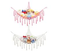 GCRQ Hamaca de Almacenamiento para Peluches con Red de Esquina, Pack de 2 Red de Algodón Tejido a Mano con Anclajes Metálicos | Decoración para Habitación Infantil, Guardería y Sala (Crema&Rosa)