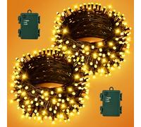 Gcstnn Cadena de luces con batería, un total de 10 m, 100 ledes, luz blanca cálida, IP65, resistente al agua, alambre verde, cadena de luces para árbol de Navidad, dormitorio, interior y exterior