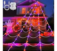 Gcstnn Guirnalda de luces de telaraña de Halloween, 6 x 5 m, 150 luces LED de telaraña naranja y lila, USB, batería con temporizador, 8 modos, impermeable, para jardín, casa embrujada, exterior
