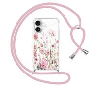 Gcxvaoi Funda con Cuerdas para iPhone 16, Carcasa Aesthetic Flores Dibujos Case con Correa Colgante Colgar Cordon, Transparente Silicona TPU + PC Antichoque Cover per iPhone 16, Rosa 01