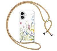Gcxvaoi Funda con Cuerdas para iPhone 16, Carcasa Aesthetic Flores Dibujos Case con Correa Colgante Colgar Cordon, Transparente Silicona TPU + PC Antichoque Cover per iPhone 16, Rosa 03