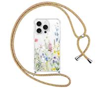 Gcxvaoi Funda con Cuerdas para iPhone 16 Pro, Carcasa Aesthetic Flores Dibujos Case con Correa Colgante Colgar Cordon, Transparente Silicona TPU + PC Antichoque Cover per iPhone 16 Pro, Rosa 03