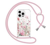 Gcxvaoi Funda con Cuerdas para iPhone 16 Pro, Carcasa Aesthetic Flores Dibujos Case con Correa Colgante Colgar Cordon, Transparente Silicona TPU + PC Antichoque Cover per iPhone 16 Pro, Rosa 01
