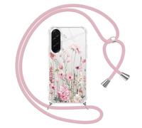 Gcxvaoi Funda con Cuerdas para Samsung Galaxy A56 5G, Carcasa Aesthetic Flores Dibujos Case con Correa Colgante Colgar Cordon, Transparente Silicona TPU + PC Antichoque Cover per Samsung A56, Rosa 01