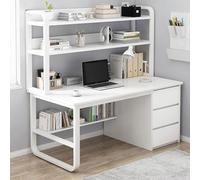 GDBTDL Escritorio de Ordenador Color Nogal con Estantería y Librería,Mesa de Trabajo Industrial con 3 Cajones, Amplio Escritorio de Estudio,para Hogar y Oficina