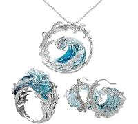 GDBTJIMH Collar Juramento del Océano, Colgante de Ola, Elegante Colgante Inspirador de Playa con Ola Azul, Collar/Anillo/Arete Ajustable con Ola del Océano