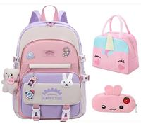 GDEMXOAN Mochila escolar Kawaii de 3 piezas para niñas, con bolsa de almuerzo y estuche para lápices (conejo, morado)