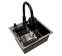 Gdetnysty Fregadero de cocina empotrable de 40 x 45 cm, fregadero multifuncional negro moderno con grifo extensible de acero inoxidable rectangular para cocinas modernas empotradas o bajo encimera