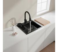 Gdetnysty Fregadero empotrable de cocina de 50 x 45 cm, de acero inoxidable 201, con grifo extensible, dispensador de jabón y limpiador de tazas, color negro, para cocina, restaurante o cafetería
