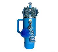 Gdfnmogo Juego de 8 accesorios para taza de agua de 40 onzas y 30 onzas, lazo con purpurina y pompón con tapa de pajita, decoraciones de taza de silicona para azul