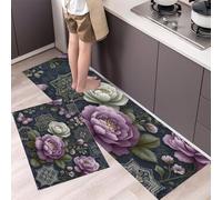 GDJSMIN 2 Piezas Alfombras Y Tapetes De Cocina Estilo Floral Retro,Alfombrillas De Cocina Antideslizantes Lavables Patrones Peonías Y Mariposas, para Pasillo,Salón,Dormitorio,Púrpura,44×70Cm+44×120Cm