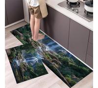 GDJSMIN 2 Piezas Alfombras Y Tapetes De Cocina Paisaje Bosque Natural,Alfombrillas De Cocina Antideslizantes Lavables Cascada Rayo Luz Patrones Arroyo,Verde Oscuro,44×70Cm+44×120Cm