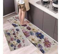 GDJSMIN 2 Piezas Alfombras Y Tapetes De Cocina Patrones Florales Realistas,Alfombrillas De Cocina Antideslizantes Lavables Cosmos Acuarela, para Pasillo,Salón,Dormitorio,Rosa Púrpura,43×75Cm+43×150Cm