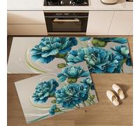 GDJSMIN 2 Piezas Alfombras Y Tapetes De Cocina Plantas Y Flores,Alfombrillas De Cocina Antideslizantes Lavables Claveles Azules, para Pasillo,Salón,Dormitorio,Turquesa,45×75Cm+45×150Cm