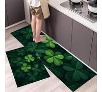 GDJSMIN 2 Piezas Alfombras Y Tapetes De Cocina Realismo Naturalista,Alfombrillas De Cocina Antideslizantes Lavables Trébol Exuberante, para Pasillo,Salón,Dormitorio,Verde,43×75Cm+43×150Cm