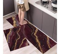 GDJSMIN 2 Piezas Alfombras Y Tapetes De Cocina Textura De Mármol,Alfombrillas De Cocina Antideslizantes Lavables Lujosas Líneas Doradas, para Pasillo,Salón,Dormitorio,Rojo Intenso,43×75Cm+43×150Cm