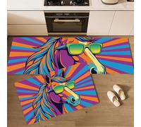 GDJSMIN 2 Piezas De Alfombra Lavable Y Antideslizante Estilo Pop Art,Cabeza Caballo Dibujos Animados para Cocina, Entrada Y Pasillo (Naranja Púrpura,44×70Cm+44×120Cm)