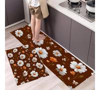 GDJSMIN 2 Piezas De Alfombra Lavable Y Antideslizante Plantas Y Flores,Patrón Margaritas Naranjas Y Amarillas para Cocina, Entrada Y Pasillo (Marrón,44×70Cm+44×120Cm)