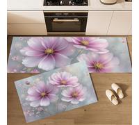 GDJSMIN 2 Piezas Kitchen Mat Floor,Elementos Florales Naturales Alfombras Cocina,Cosmos Acuarela Alfombra Pasillo,Alfombra Cocina Lavable Antideslizante,Salón,Oficina,Rosa