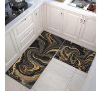GDJSMIN 2 Piezas Kitchen Mat Floor,Estética De Mármol De Lujo Alfombras Cocina,Líneas Y Patrones Fluidos Alfombra Pasillo,Alfombra Cocina Lavable Antideslizante,Salón,Oficina,Negro