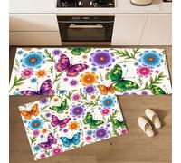 GDJSMIN Alfombra De Cocina De 2 Piezas Antideslizante Lavable,Escena De Jardín Natural Alfombra De Cocina,Patrones Mariposas Y Flores Juegos De Tapetes De Cocinas, 44×70Cm+44×120Cm,Rosa Púrpura