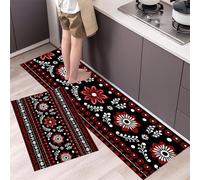 GDJSMIN Alfombra De Cocina De 2 Piezas Antideslizante Lavable,Estilo Étnico Alfombra De Cocina,Patrones Geométricos Florales Juegos De Tapetes De Cocinas para Pasillo, Comedor, 44×70Cm+44×120Cm,Rojo