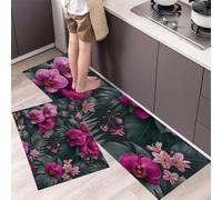 GDJSMIN Alfombra De Cocina De 2 Piezas Antideslizante Lavable,Flores Tropicales Alfombra De Cocina,Orquídeas Y Patrones Hojas Palmera Juegos De Tapetes De Cocinas, 44×70Cm+44×120Cm,Verde Oscuro