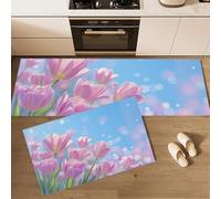GDJSMIN Alfombra De Cocina De 2 Piezas Antideslizante Lavable,Pintura Naturalista Alfombra De Cocina,Tulipanes Rosados Juegos De Tapetes De Cocinas para Pasillo, Comedor, 45×75Cm+45×150Cm,Azul Y Rosa