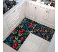 GDJSMIN Alfombra De Cocina De 2 Piezas Antideslizante Lavable,Representación Naturalista Alfombra De Cocina,Bayas Rojas Hojas Verdes Juegos De Tapetes De Cocinas, 40×60Cm+40×120Cm,Verde Salvia