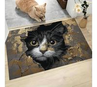 GDJSMIN Alfombra De Pelo Corto,40 X 60 Cm, Felpudo Animales Antropomórficos Moda,Gato Textura Pared Rota, para Entrada De La Puerta De Casa, Antideslizante, Plegable, para Salón,Oro Negro
