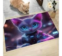 GDJSMIN Alfombra De Pelo Corto,45 X 75 Cm, Felpudo Animales Antropomórficos Moda,Gato Morado Armadura Mecánica, para Entrada De La Puerta De Casa, Antideslizante, Plegable, para Salón,Azul Púrpura