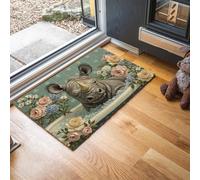 GDJSMIN Alfombra De Pelo Corto,45 X 75 Cm, Felpudo Animales Realistas,Bañera Rosa Rinoceronte, para Entrada De La Puerta De Casa, Antideslizante, Plegable, para Salón,Azul Claro