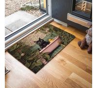 GDJSMIN Alfombra De Pelo Corto,90 X 150 Cm, Felpudo Animales Divertidos,Plantas Bañera Gato Negro, para Entrada De La Puerta De Casa, Antideslizante, Plegable, para Salón,Verde