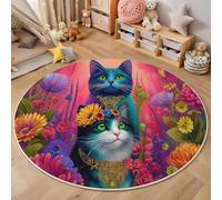 GDJSMIN Alfombra Redonda Estilo De Arte Fantástico, Lavable Antideslizante Diámetro De 60Cm, Flores Lindas Texturas De Gatos, para Sala De Estar, Dormitorio,Pasillo, Estudio,Mesa De Centro,Mesita